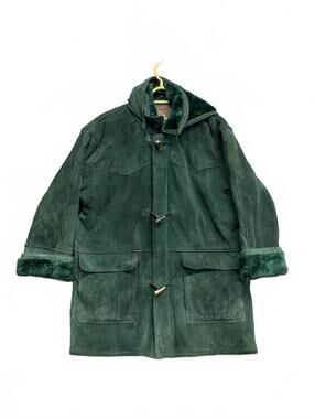 Vtg Wilson's Dark Green Suede/Faux Fur Long Jacket Full Zip Under Toggle Size L